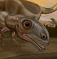 Grupo de Unaysaurus com destaque para o novo filhote descoberto em São Martinho da Serra  Foto: Ilustração por Caetano Soares
