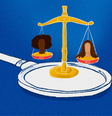 Ilustração mostra uma lupa com uma balança em cima e a imagem de duas mulheres.  Foto: Ilustração: Nathi de Souza/Alma Preta Jornalismo/ / Alma Preta