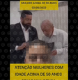 Ao fundo, imagem do presidente Lula assinando documento; em primeiro plano estão um homem e a legenda: atenção, mulheres com idade acima de 50 anos com baixa renda. Presidente Lula vai antecipar aposentadoria  Foto: Aos Fatos