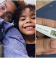 Karoline e o filho, Gael, à esquerda; à direita, um termômetro mostra febre de 38º  Foto: Reprodução/ Twitter @umamaefeminista