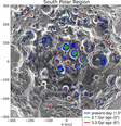 Mapa da região do polo sul lunar e suas crateras em sombras permanentes, com as respectivas idades (Imagem: Reprodução/Norbert Schorghofer/PSI)  Foto: Canaltech