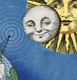 ilustração da terra, com uma antena, além do sol e da lua  Foto: Emmanuel Lafont / BBC News Brasil