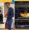 Tadeu Schmidt precisou usar extintor para apagar 'Incêndio' no forno'  Foto: Reprodução