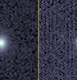 À esquerda, uma imagem da galáxia onde a supernova SN2023tyk ocorreu; à direita, a região da galáxia onde houve a explosão, agora com formato distorcido (Imagem: Reprodução/Legacy Surveys/D. Lang (Perimeter Institute) for Legacy Surveys layers and unWISE/NASA/JPL-Caltech/D. Lang (Perimeter Institute))  Foto: Canaltech