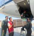 Caixas com purificadores de ar e medicamentos chegam em avião da previdência do Brasil ao Egito. Produtos foram enviados aos brasileiros que estão na Faixa de Gaza durante a guerra entre Israel e o grupo terrorista Hamas.  Foto: Divulgação/GOV BR e FAB / Estadão