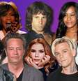 Acima, Whitney Houston, Jim Morrison e Bobbi Kristina; abaixo, Dolores O’Riordan, Matthew Perry, Irina Rybnikova, Aarcon Carter e Sridevi Kapoor: tragédias em banheiras  Foto: Fotomontagem: Blog Sala de TV