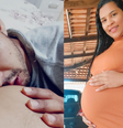 O pai, Rafael, beija a barriga da mãe, Ana Beatriz, que aparece ao lado  Foto: Arquivo Pessoal/Rafael Martins