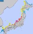 Regiões costeiras com alertas de tsunamis  Foto: Reprodução/Agência Meteorológica do Japão / Perfil Brasil