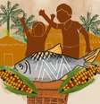 Imagem mostra dois indígenas ilustrados celebrando os alimentos presentes à sua frente: peixe e milho. No fundo, o desenho mostra algumas casas e árvores.  Foto: Alma Preta