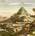 Gravura mostra o Cerro Rico, a cidade de Potosí (hoje parte da Bolívia) e um moinho para processamento de minério, em cerca de 1820  Foto: Getty Images / BBC News Brasil