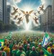 Imagens geradas por inteligência artifical por bolsonaristas para convocar para o ato na Paulista têm anjos com rostos deformados, camisas de Israel e população olhando para o céu.  Foto: @SilverioElienai via Twitter / Estadão