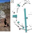 Uma das pedras que compõe o megálito, mostrando a fundação rasa, e um esquema aéreo da construção (Imagem: Toohey et al./Science Advances)  Foto: Canaltech