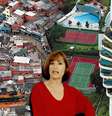 O Edifício Penthouse com as varandas com piscinas voltadas à favela de Paraisópolis e, no centro, a personagem Helena, a "bonitona do Morumbi" da novela 'A Próxima Vítima'  Foto: Reproduções