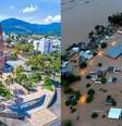 Cidade de Encantado (RS) antes e depois de ser tomada pela água   Foto: Prefeitura de Encantado/REUTERS-Diego Vara