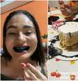 Mulher viraliza ao mostrar dentes pretos após comer bolo com corante escuro  Foto: Reprodução/Tiktok/@isaumagarota