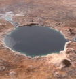 Representação da cratera Jezero e do lago que pode ter existido ali (Imagem: Reprodução/NASA)  Foto: Canaltech