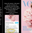 Influenciadora reclama de não aparecer em capa principal da Vogue  Foto: Reprodução/Instagram @mayamassafera e @voguebrasil