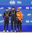 Verstappen, Russell e Norris. O empate visto hoje é raro na história da F1  Foto: FIA