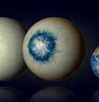 Exoplaneta pode ser um mundo completamente coberto de gelo (esquerda) semelhante à lua Europa de Júpiter ou um mundo de gelo com um oceano subestelar líquido e uma atmosfera nublada (centro).  Foto: B. Gougeon/Université de Montréal