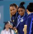 Rebeca Andrade, Simone Biles e Sunisa Lee no pódio  Foto: Amanda Perobelli