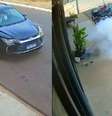 Uma câmera de segurança flagrou o momento em que um carro para em frente ao estabelecimento e joga um objeto  Foto: Reprodução