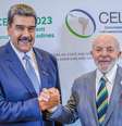 O ditador da Venezuela, Nicolás Maduro, participa de uma reunião com o presidente do Brasil, Luiz Inácio Lula da Silva, em São Vicente e Granadinas  Foto: Ricardo Stuckert /Presidência da República / Estadão