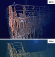 Comparação do naufrágio do Titanic em 2010 e 2024  Foto: BBC News Brasil