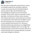 Senador Sérgio Movo (União-PR) continuo usando o perfil na rede social bloqueada, segundo ele, por meio de um "correspondente" nos Estados Unidos.  Foto: @SF_Moro via X (Twitter) / Estadão