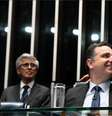 Alcolumbre (à dir.) é, atualmente, o favorito para suceder Pacheco (ao centro) como presidente do Senado  Foto: Marcos Oliveira/Agência Senado / Perfil Brasil
