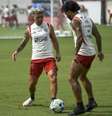  Foto: Marcelo Cortes / Flamengo - Legenda: Gabigol e Arrascaeta durante treino no Ninho do Urubu / Jogada10