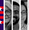 Montagem com as cores dos EUA e estrelas e parte do rosto de quatro eleitores, duas mulheres e dois homens   Foto: BBC News Brasil