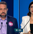 Guilherme Boulos (PSOL) e Tabata Amaral (PSB) no debate da Record deste sábado, 28  Foto: Reprodução/Youtube R7