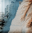Mapa em relevo do Líbano mostrando as montanhas a leste de Beirute, com  uma fotografia de edifícios destruídos ao fundo.  Foto: BBC News Brasil