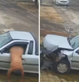 Suspeito de roubar carro foge pelado após bater veículo contra muro em Goiás  Foto: Reprodução