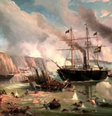 Quadro do pintor italiano Eduardo de Martino retratando navios brasileiros na Batalha do Riachuelo, a mais sangrenta da Guerra do Paraguai, responsável pelo pico histórico dos gastos do Brasil com defesa: mais de 60% do orçamento nacional, entre 1862 e 1870. Reprodução - Wikimedia Comkons , CC BY  Foto: The Conversation