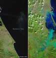 Região da cidade de Valência, vista no topo da imagem, foi devastada pelas enchentes  Foto: USGS, processada pela ESA / BBC News Brasil
