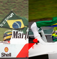 Hamilton (à direita) reproduz gesto de Ayrton Senna (à esquerda) durante homenagem no GP de SP  Foto: Reprodução