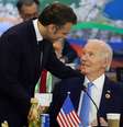 O presidente da França, Emmanuel Macron, cumprimenta o presidente dos EUA, Joe Biden durante o G20, no Rio de Janeiro, nesta segunda-feira, 18/11/2024.  Foto: REUTERS/Ricardo Moraes