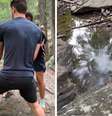 Dois homens aparecem atirando uma pedra grande dentro de um rio. Quando a rocha atinge a superfície da água, produz um efeito "elástico"  Foto: Reprodução/TikTok