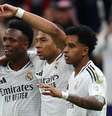  Foto: Antonio Villalba e Pedro Castillo/Real madrid - Legenda: Vini Jr, Mbappé e Rodrygo. Foi do trio os gols neste Real 3 a 0 sobre o Pachuca / Jogada10
