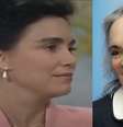 Raquel, de 'Vale Tudo', na cena usada pela Globo para promover o 'Masked Singer Brasil' e Regina Duarte em recente entrevista a um podcast  Foto: Reproduções