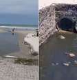 Vazamento de esgoto na Praia da Enseada, em Guarujá (SP)  Foto: Reprodução/TV Tribuna / Perfil Brasil