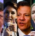 O governador de São Paulo, Tarcísio de Freitas (Republicanos), a ex-primeira-dama Michelle Bolsonaro (PL), o ministro da Fazenda, Fernando Haddad (PT), e a presidente nacional do PT, Gleisi Hoffmann  Foto: Bruno Escolastico/Estadão, Wilton Júnior/Estadão e Sérgio Ribeiro/Agência Câmara / Estadão