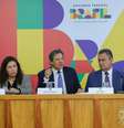 Os ministros Esther Dweck (Gestão), Fernando Haddad (Fazenda), Rui Costa (Casa Civil), Simone Tebet (Planejamento), durante coletiva.  Foto: Fabio Rodrigues-Pozzebom/Agência Brasil