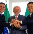 Lula ao lado dos presidentes da Câmara e do Senado, Hugo Motta e Davi Alcolumbre, respectivamente.  Foto: Wilton Junior/Estadão / Estadão