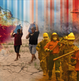 Imagem composta de um mapa da América do Sul, bombeiros e pessoas carregando recipientes com água devido a secas ou incêndios  Foto: BBC News Brasil
