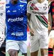 Fotos: Raul Baretta/Santos, Gustavo Aleixo/Cruzeiro, Lucas Merçon/Fluminense e Adriano Fontes/Flamengo - Legenda: Casas de apostas tem supremacia nas camisas dos clubes da Série A  Foto: Jogada10