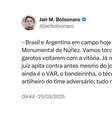 Bolsonaro faz post nas redes sociais sobre julgamento em comparação com jogo entre a Seleção Brasileira e Argentina  Foto: Reprodução/Instagram