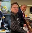 Elon Musk comendo doce em um episódio do seriado 'Big Bang Theory' e ao lado do presidente Trump devorando fast food a bordo do Air Force One  Foto: Reproduções