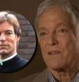 Richard Chamberlain em uma das últimas entrevistas à TV e, no destaque, no papel do padre Ralph, em 'Pássaros Feridos', quando despertou a paixão em muitas telespectadoras  Foto: Reproduções